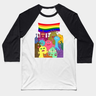 Halloween gay pride celebration. Group of cute alien monsters with lgbtq rainbow flag. Baseball T-Shirt